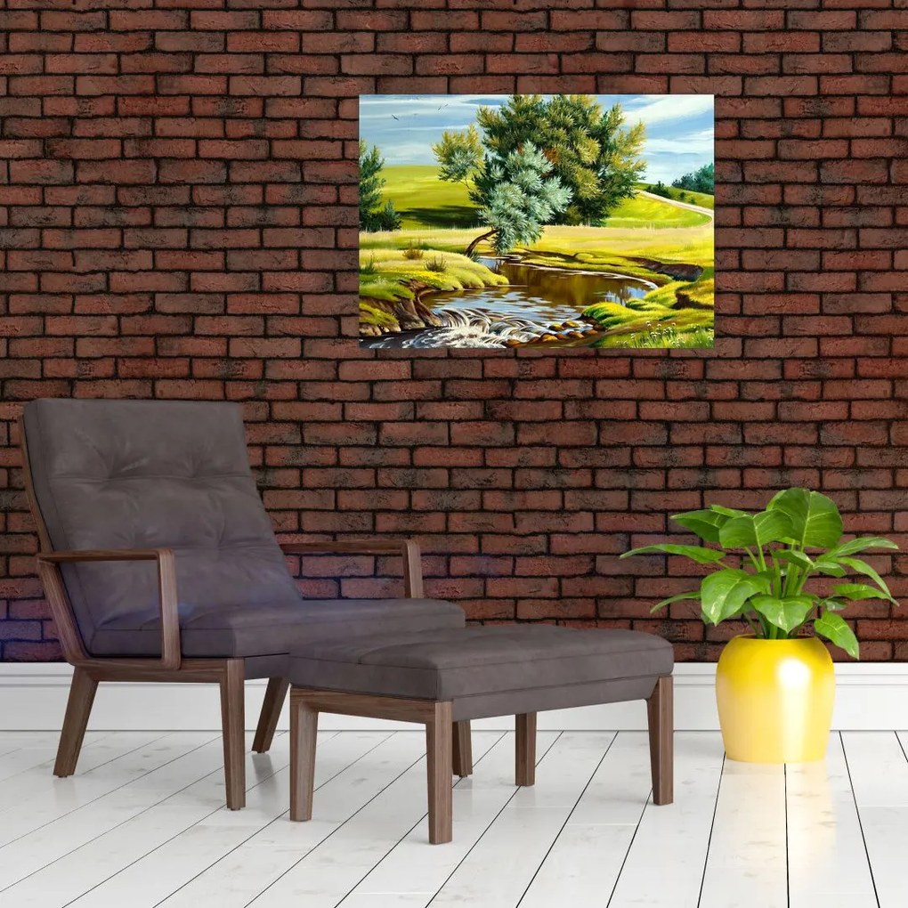 Obraz - rzeka między łąkami, obraz olejny (70x50 cm)