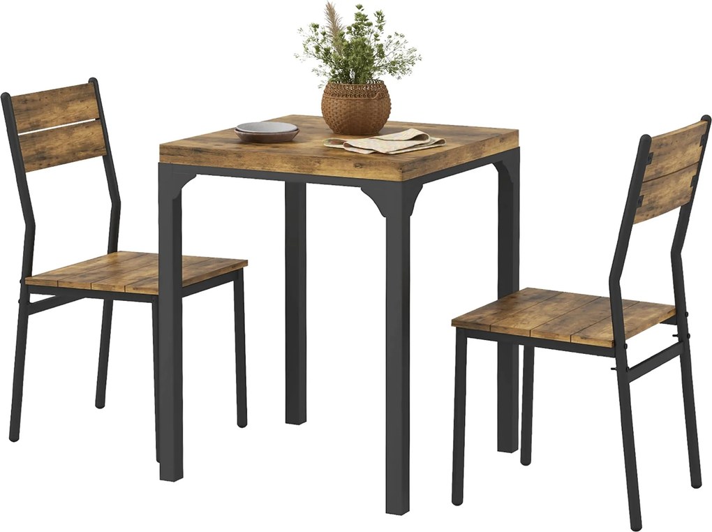 HOMCOM Zestaw Stołowy 3-częściowy, Stolik i 2 Krzesła, MDF+Metal, Brązowy
