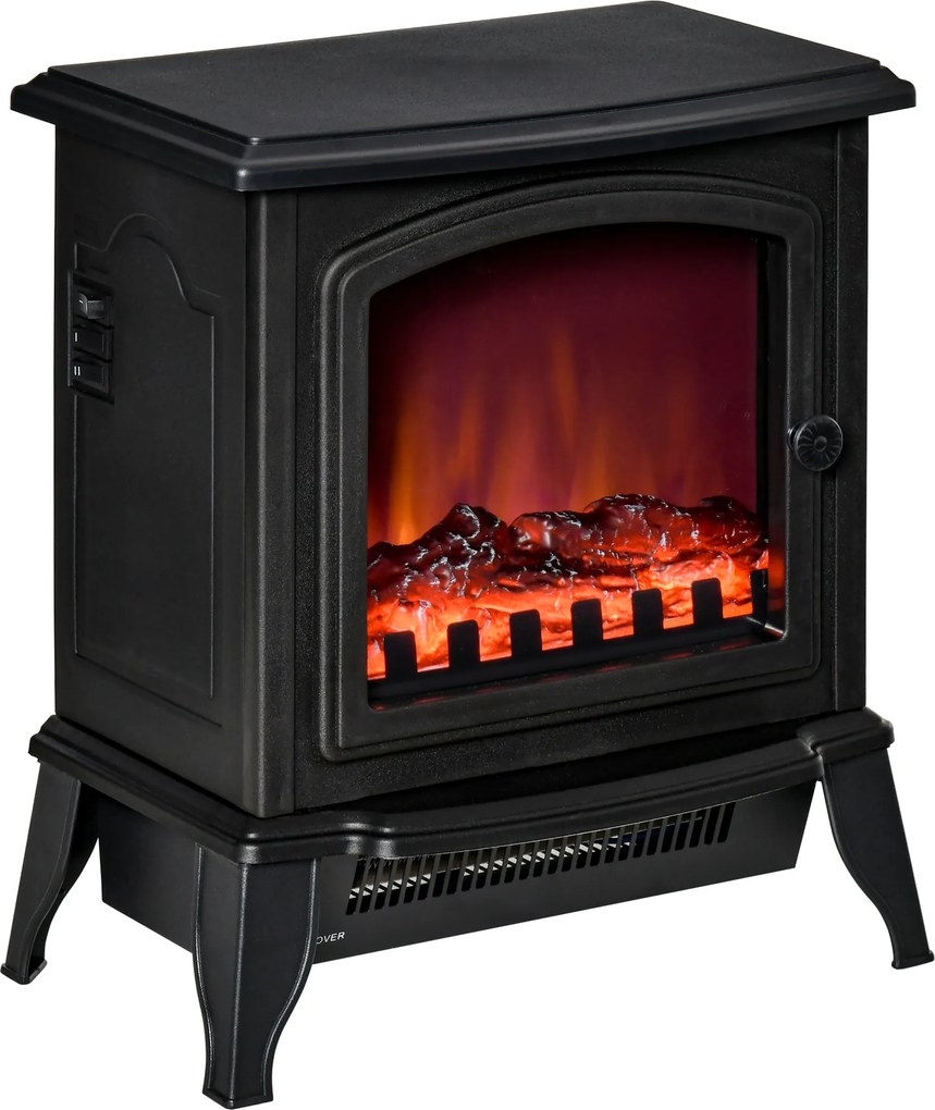 HOMCOM Elektryczny Kominek Wolnostojący, Efekt Płomieni, 2 Tryby Grzewcze 1000W/2000W, Hartowane Szkło, Czarny, 36,5x24x45,5 cm