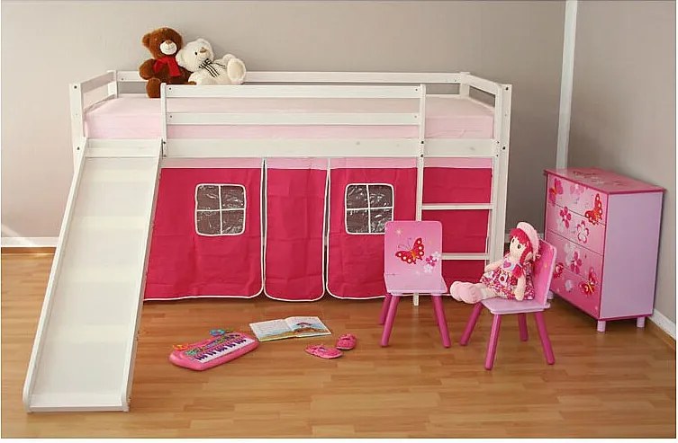 Łóżko piętrowe dla dzieci 208x110x97 cm, białe, z różową zasłoną