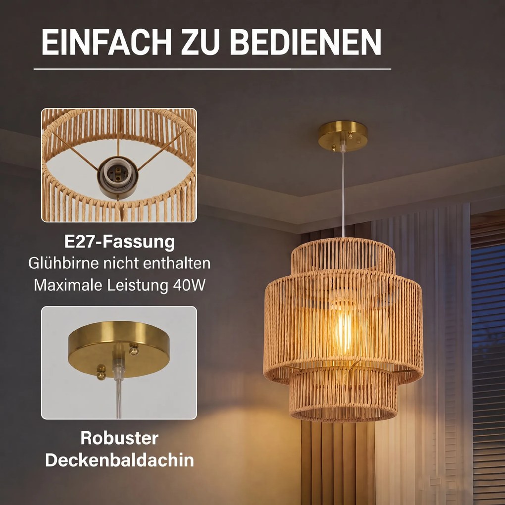 HOMCOM Lampa wisząca, 3-stopniowy abażur, metal, sznurek konopny, jasnobrązowy | Aosom PL