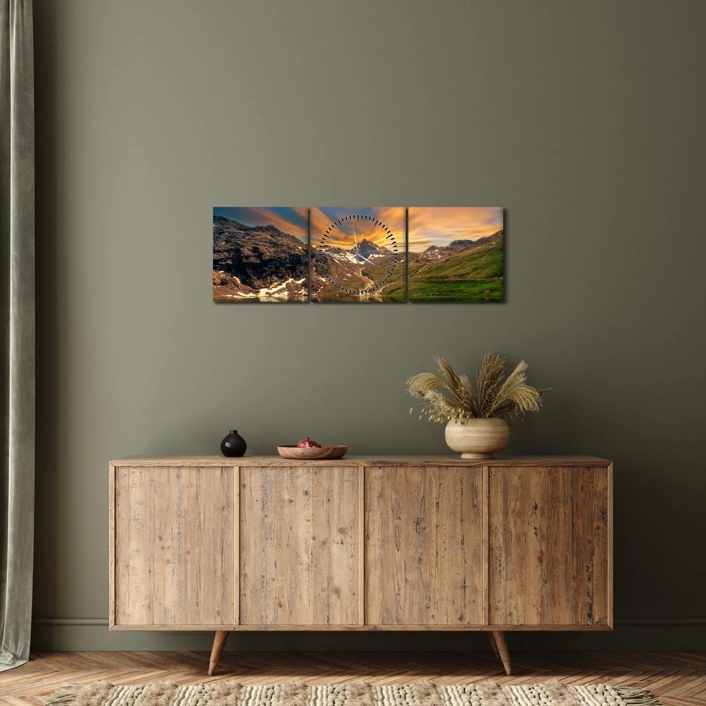 Obraz - Odbicie w górskim jeziorze (z zegarem) (90x30 cm)