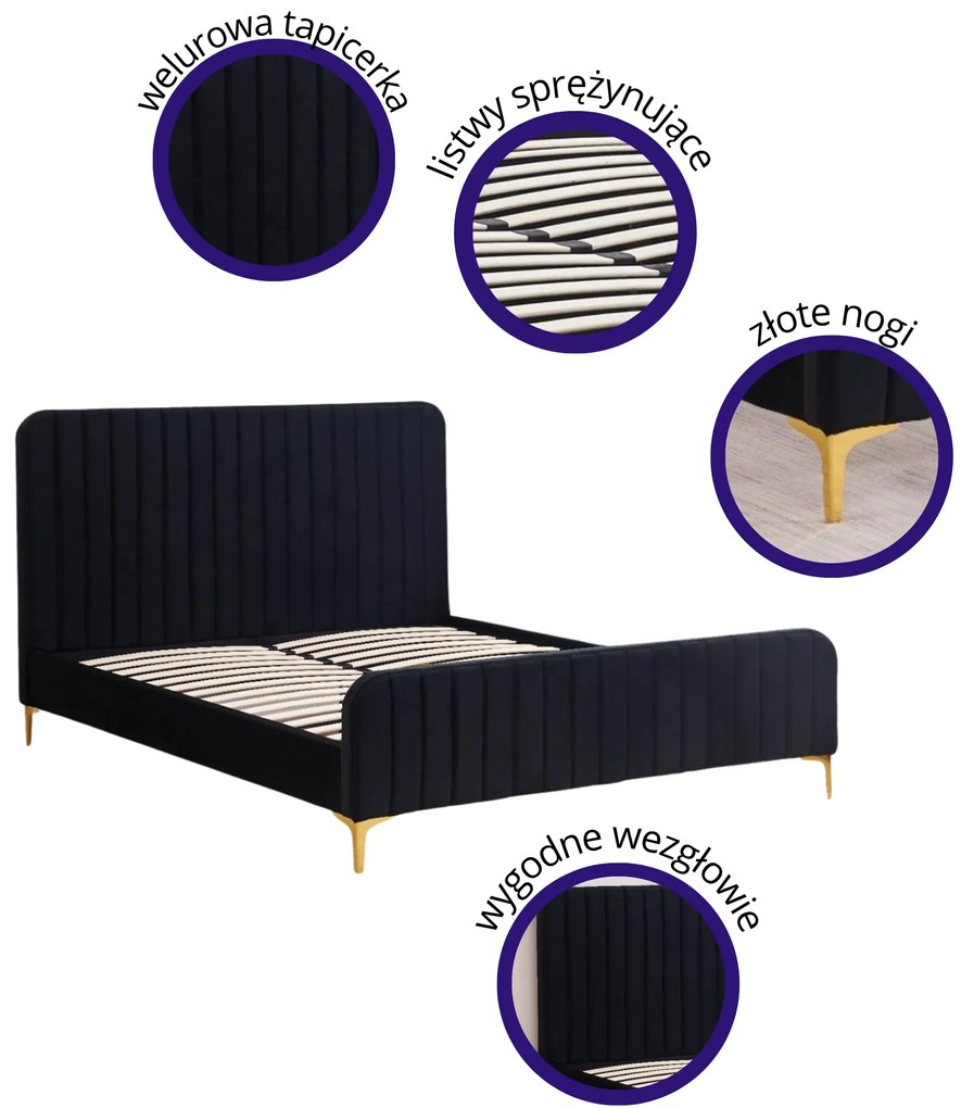 Łóżko podwójne tapicerowane ze stelażem 160x200 czarny welur SIENA