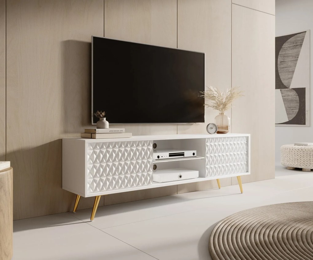 Biała ryflowana szafka RTV na złotych nóżkach 135 cm E7-F47