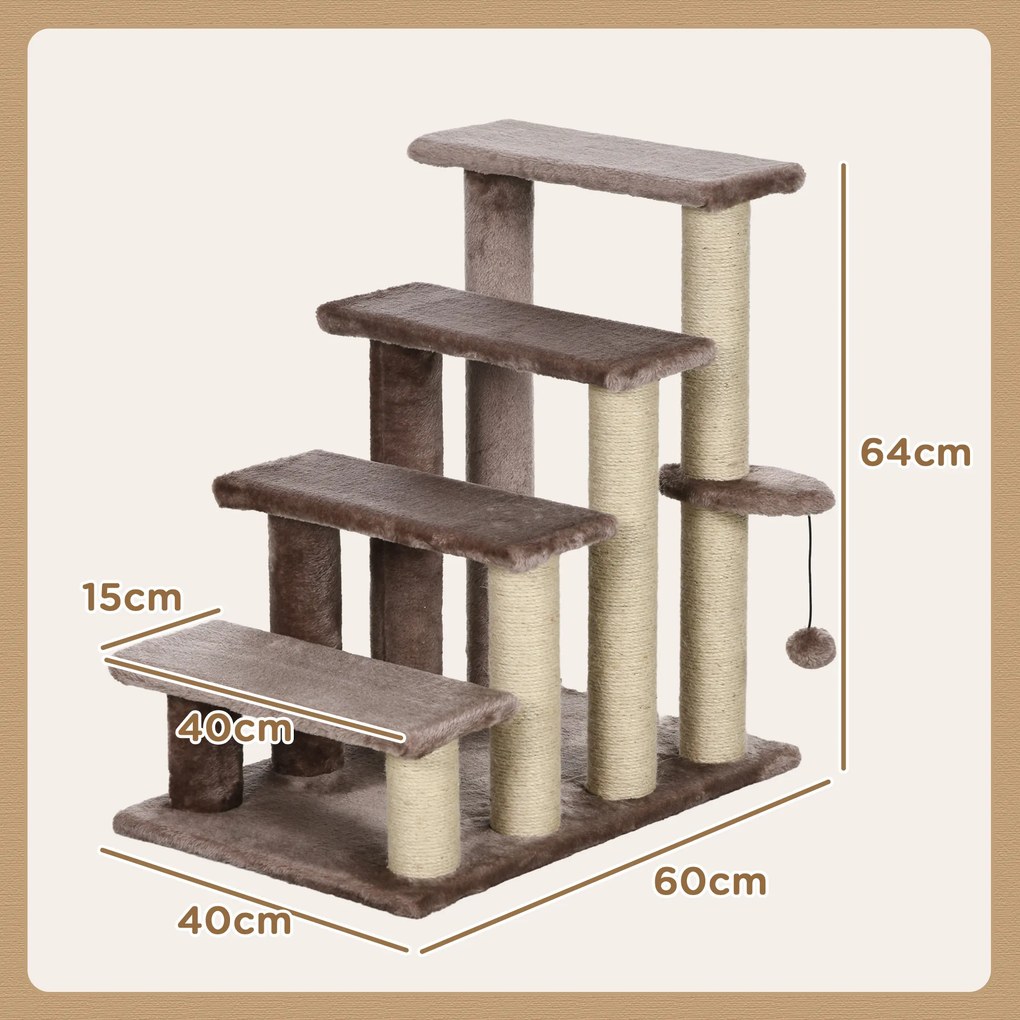 PawHut drabinka dla kota z drapakiem 4 stopnie schodki dla małych zwierząt do 5 kg brązowa 60x40x64cm | Aosom PL