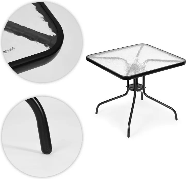 Stolik ogrodowy kwadratowy 80 cm z otworem na parasol Tulum 073, czarny