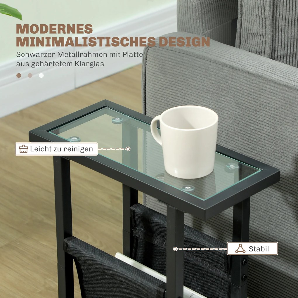 HOMCOM Metalowy stolik pomocniczy z torbą z tkaniny i blatem ze szkła, wąski stolik do salonu, sypialni, Czarny