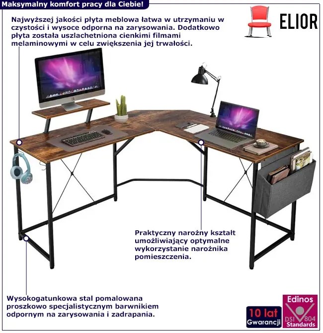 Duże biurko komputerowe narożne z nadstawką na monitor dąb - Verdal 4X