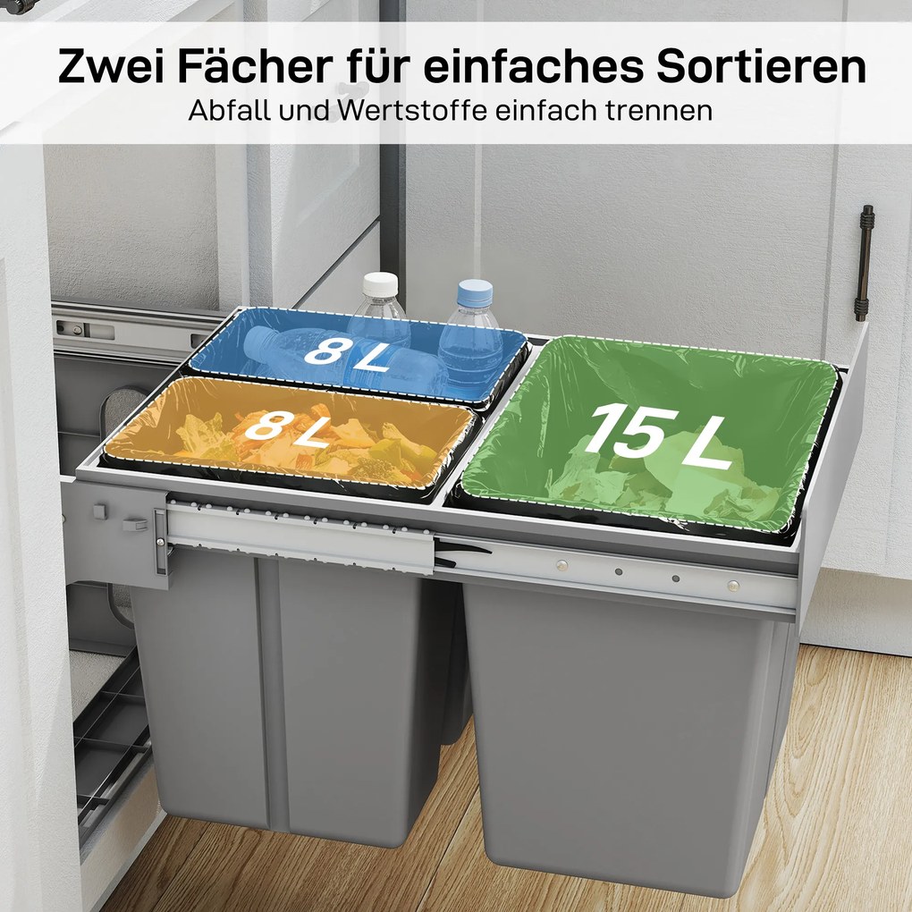 HOMCOM 31 l wysuwany pojemnik na odpady 15 l + 8 l x 2 z wyjmowanymi wiaderkami | Aosom PL