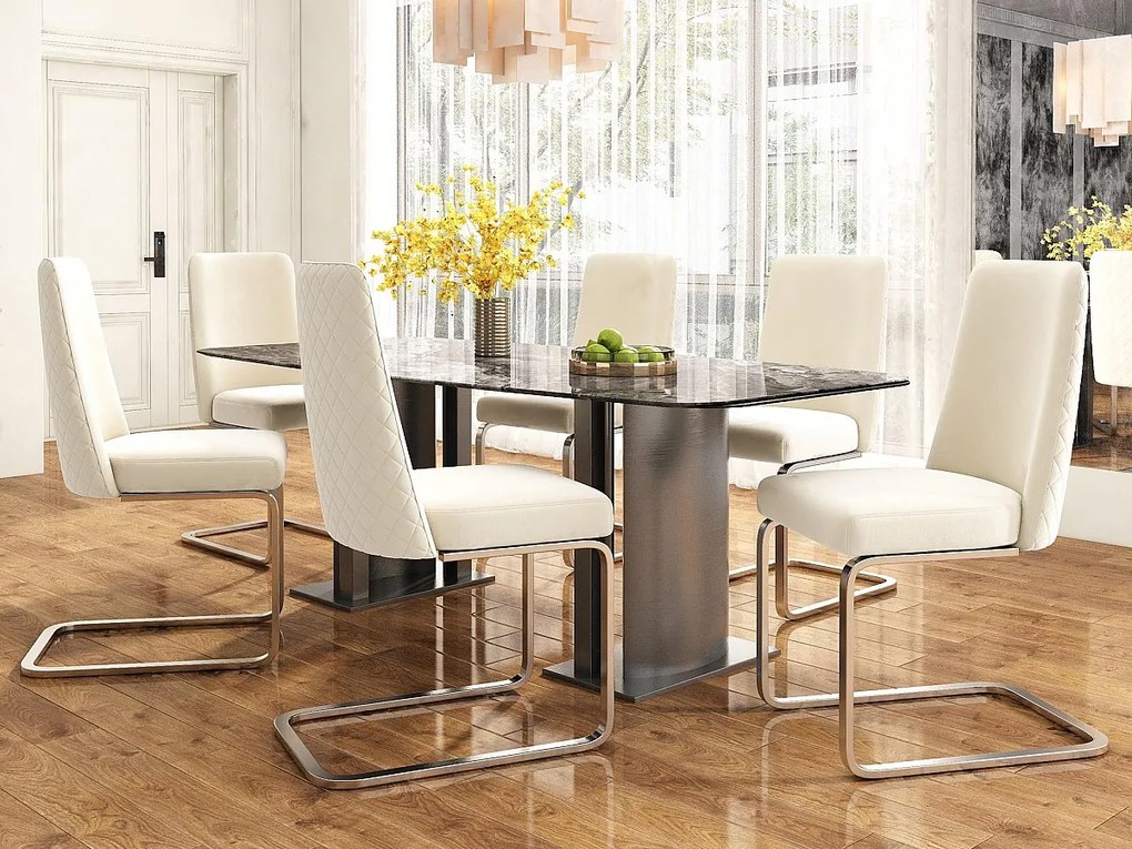 Zestaw 6 krzeseł typu cantilever z weluru - oparcie w wzór rombu - metalowa podstawa w kolorze srebrnym - beżowe