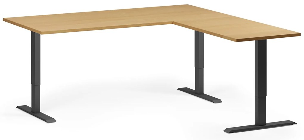 Narożne biurko z regulacją wysokości, 180x180 cm, 3 silniki, L/P, czarna podstawa, buk