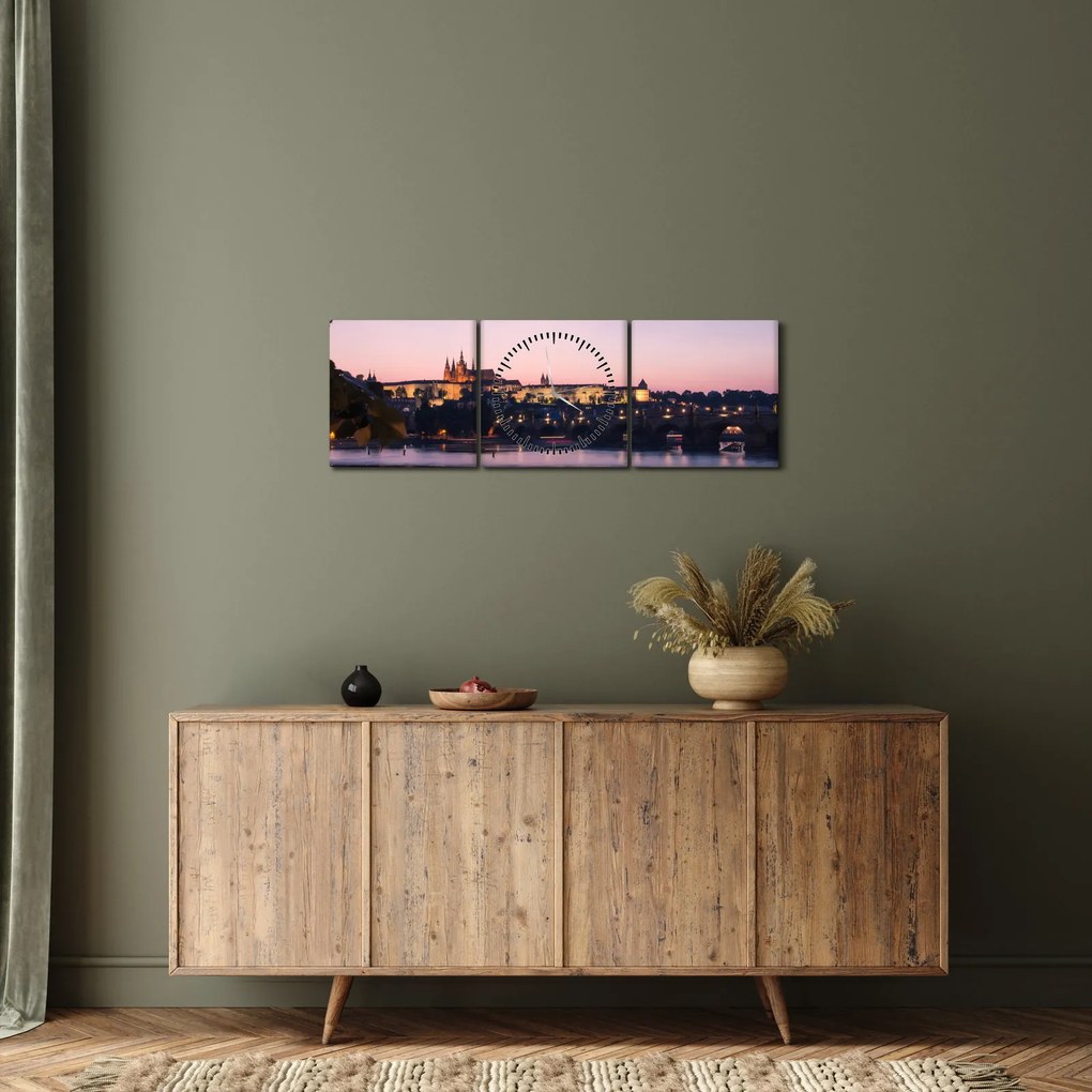 Obraz Zamku Praskiego i Wełtawy (z zegarem) (90x30 cm)