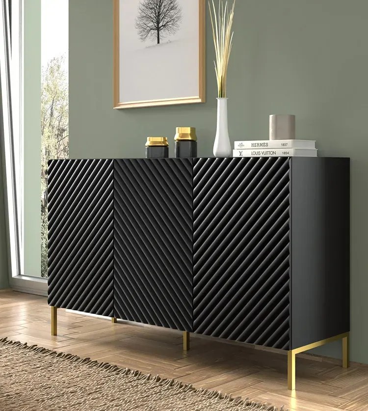 Komoda modern glamour czarny mat + czarne nóżki - Resa 3X