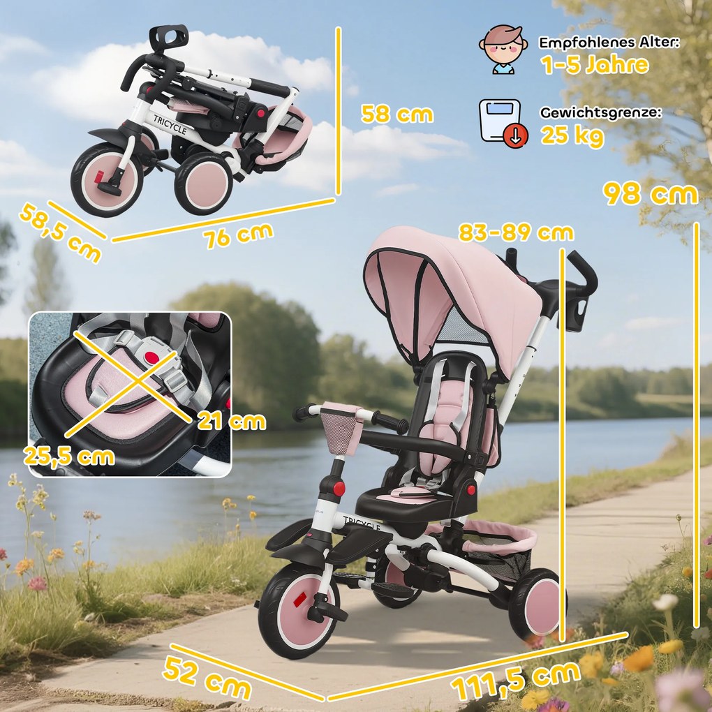 AIYAPLAY Trójkołowiec, 6-w-1 wózek dla małych dzieci, z rączką do pchania, regulowanym siedzeniem, składanym designem, zabezpieczeniem