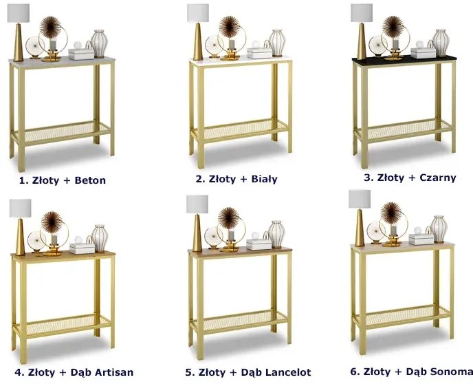 Minimalistyczna konsola z półką złoty + dąb artisan - Erid 3X