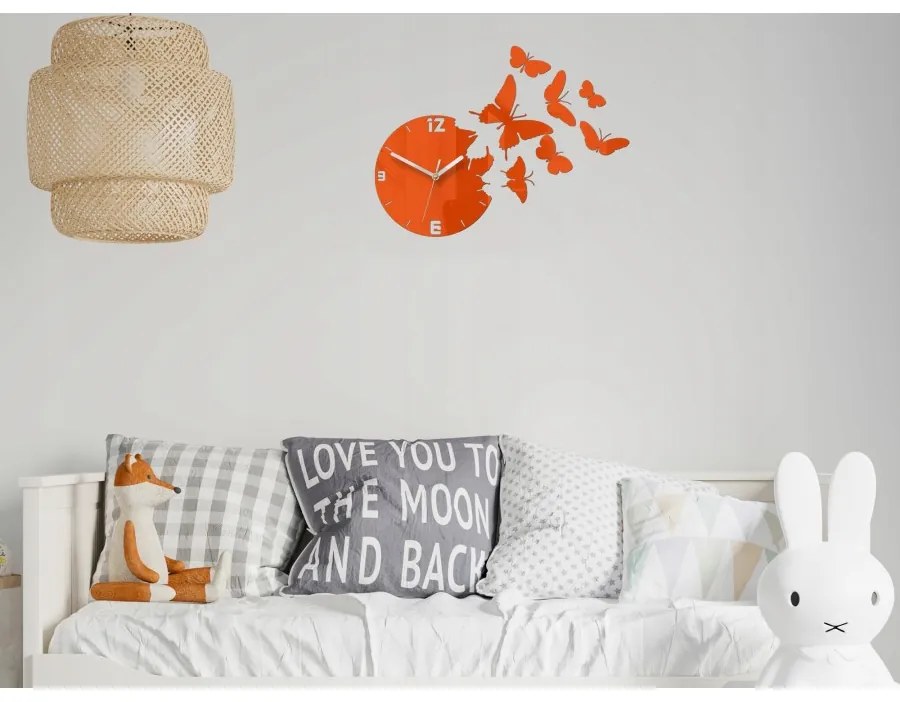 Zegar ścienny nowoczesny do salonu sypialni akrylowy pomarańcz z motylami