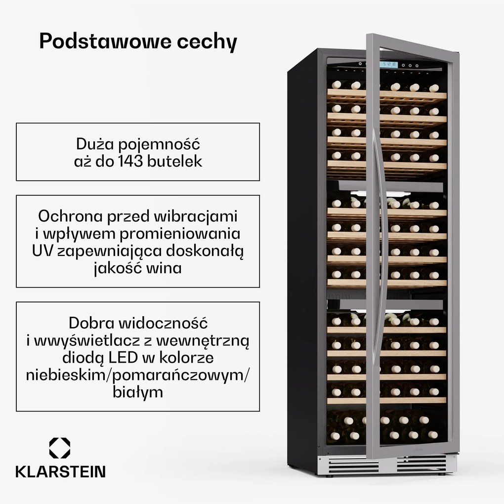 Klarstein Vinovilla 59cm 143 Butelki Winiarka do Zabudowy Trzystrefowa Srebrny