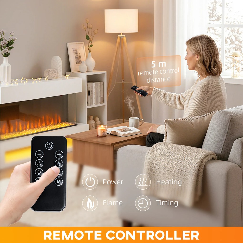 HOMCOM Kominek elektryczny z 11 kolorami płomieni, 10 kolorami kryształowego podłoża, 1000W/2000W, pilot, uniwersalny, Biały