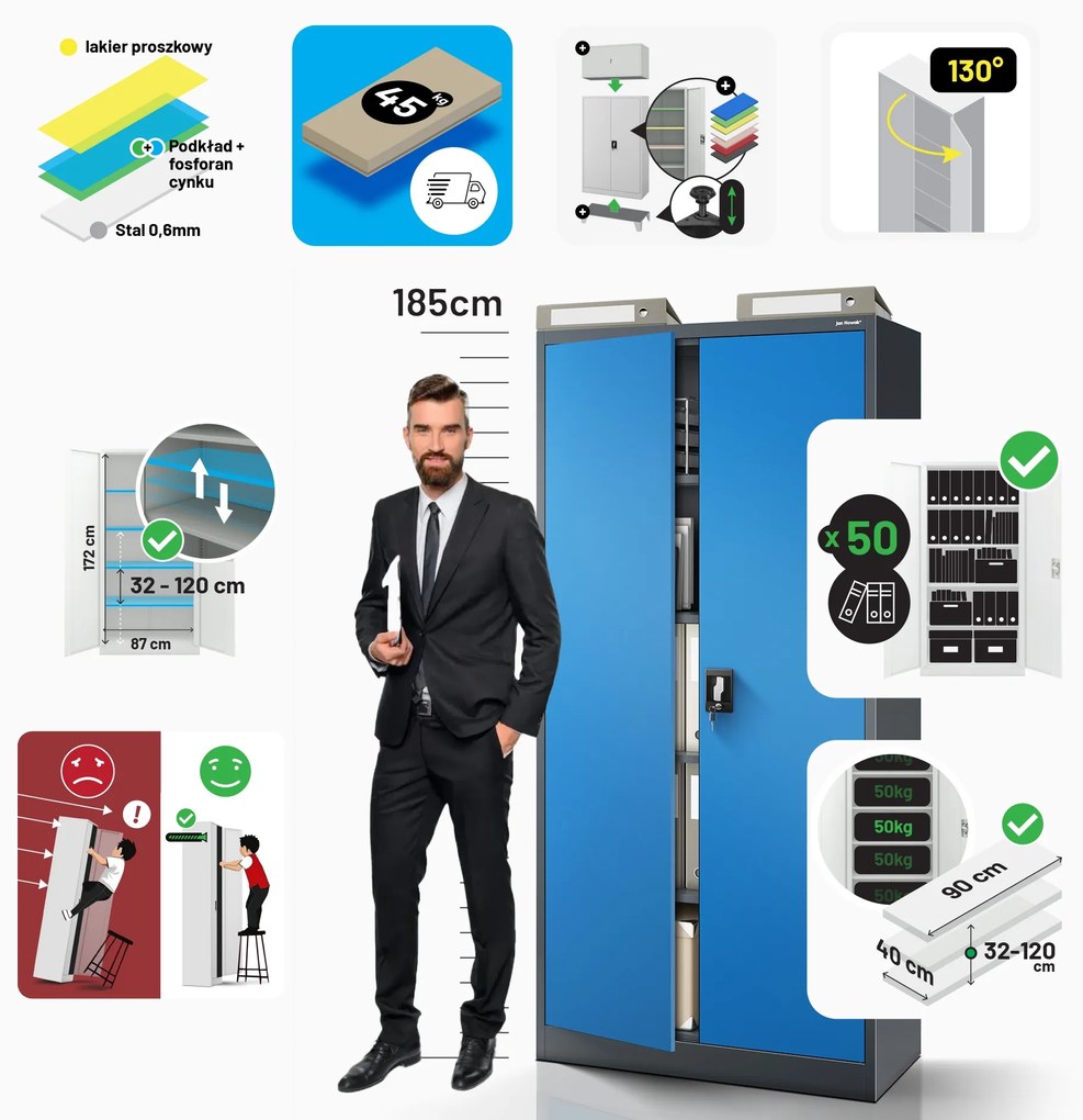 Biurowa szafa metalowa na akta JAN, 900 x 1850 x 400 mm, antracytowo-niebieska