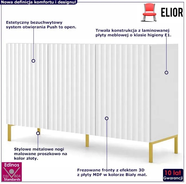 Biała komoda lamelowa na złotych nogach Jomano