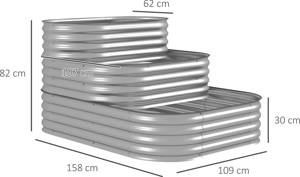 Outsunny Skrzynka ogrodowa schodkowa na kwiaty na zewnątrz, 3 poziomy, 158 cm x 109 cm x 82 cm, Srebrny