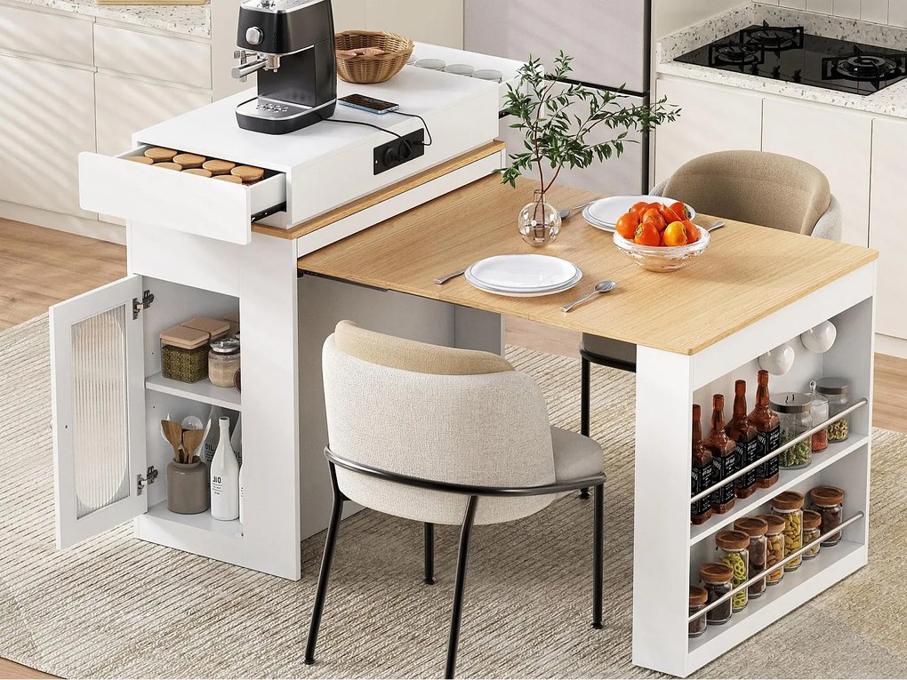 Centralna wyspa kuchenna - stół rozsuwany - z gniazdkiem elektrycznym - z kółkami i miejscem do przechowywania - z haczykiem - Naturalny + Biały