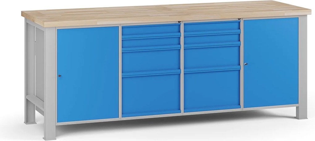 Stół warsztatowy G7, blat bukowy, 2100 x 685 x 840 mm, 2x szafka, 8x szuflada, niebieski