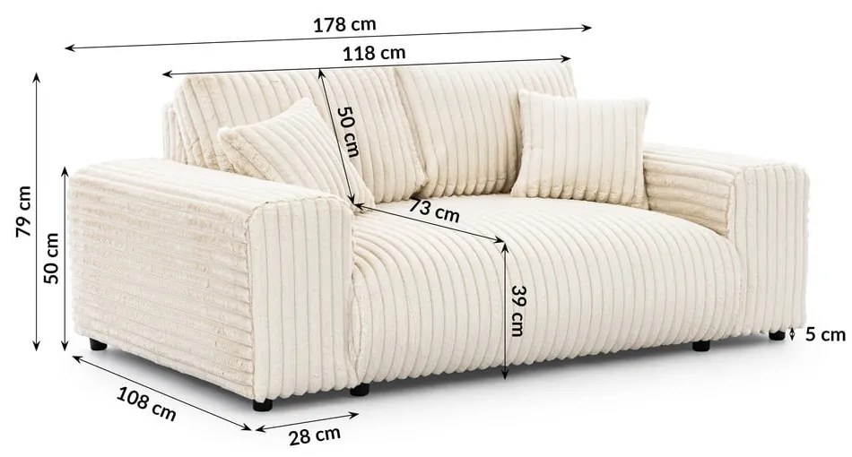 Kremowa sztruksowa sofa 178 cm Justin – Ropez