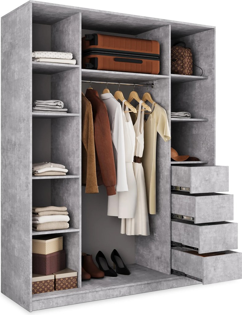 Szafa Przesuwna TARI 150 cm z Lustrem Szafa Trzydrzwiowa z Szufladami Beton Jasny / Srebrne Profile