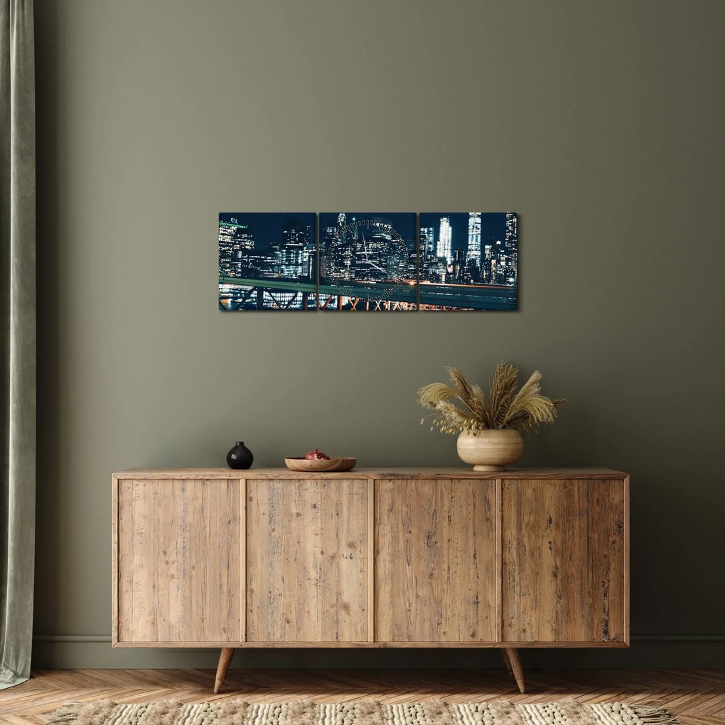Obraz miasta nocą (z zegarem) (90x30 cm)