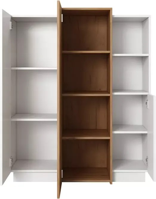 Komoda Volio z trzema drzwiami i dwiema otwartymi półkami w kolorze biel + dąb craft