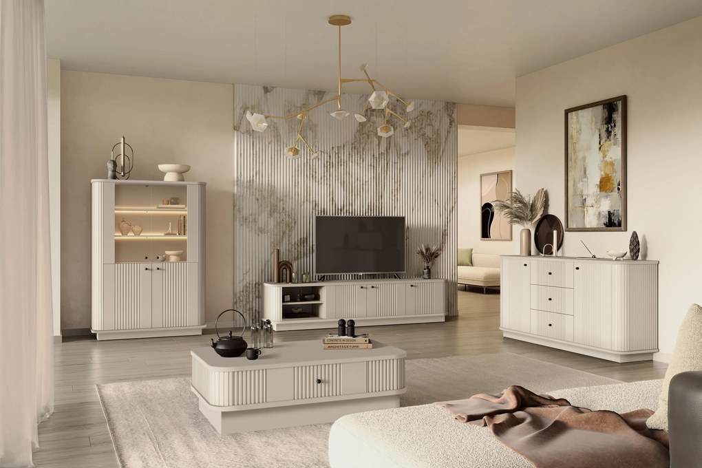 Stolik kawowy Vesper 103x60 cm z szufladą na cokole - kaszmir / czarny uchwyt