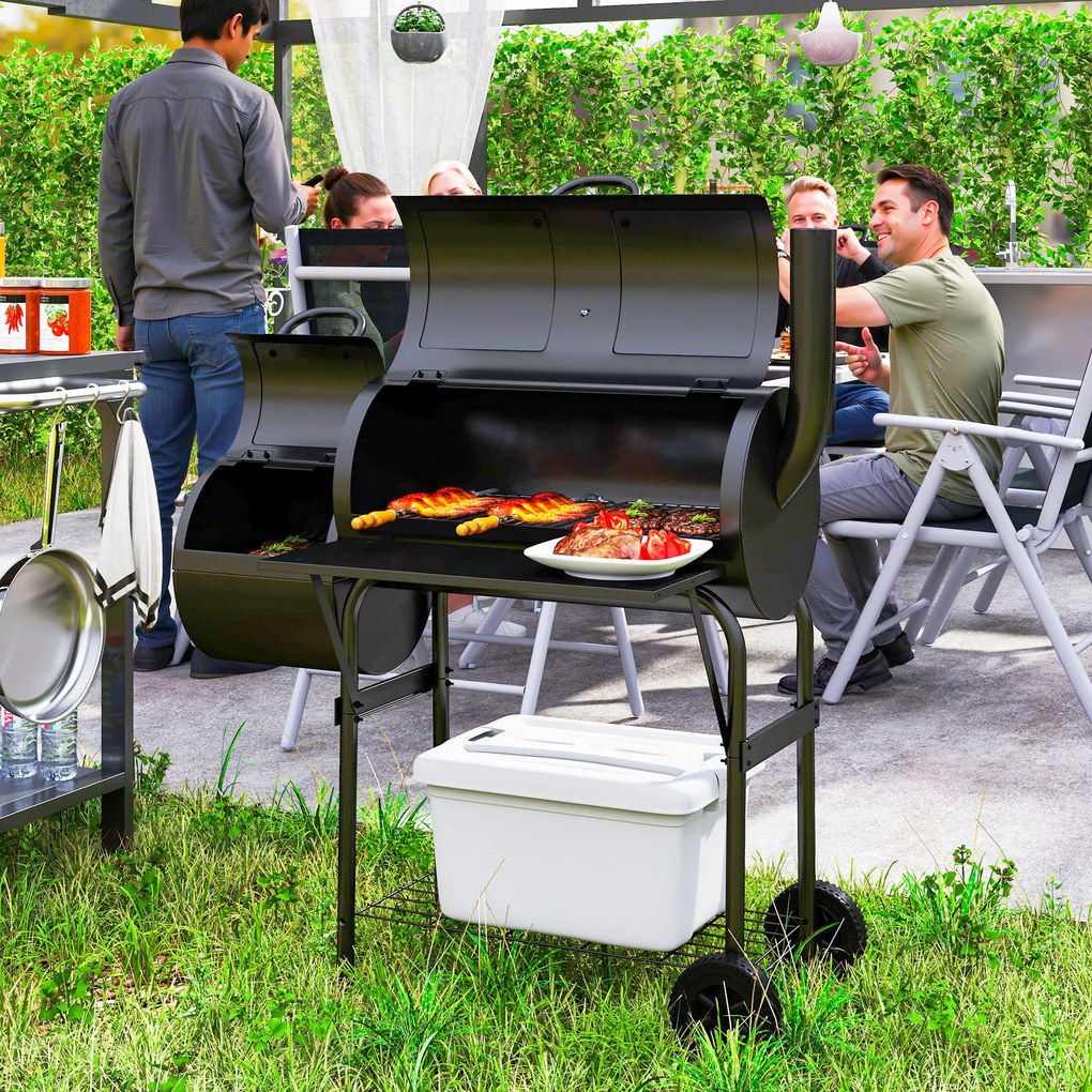 Outsunny Grill węglowy ze stali BBQ Smoker z pokrywą, termometrem, kołami, dopływem powietrza i wanienką na węgiel