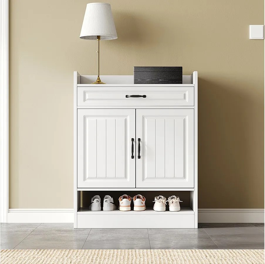 Nowoczesna szafka na buty z regulowanymi półkami + 1 szuflada + 2 drzwi - 75 x 36 x 95,5 cm - płyta wiórowa - kolor biały