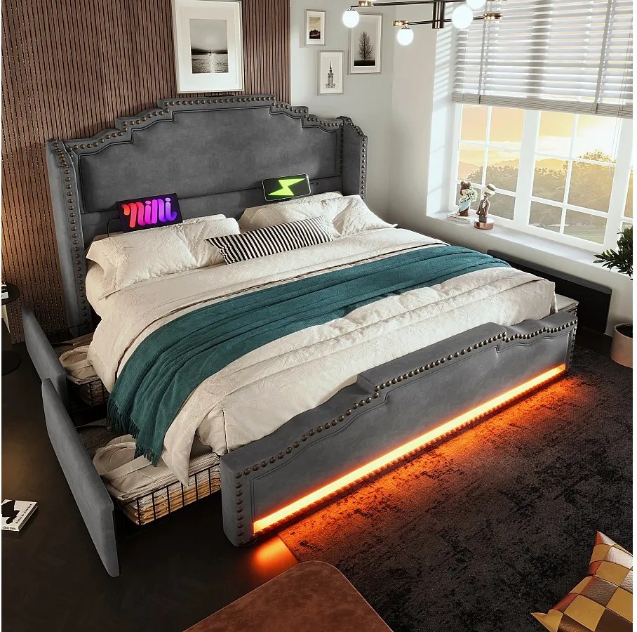 Łóżko tapicerowane podwójne ze schowkiem - 160 x 200 cm - z diodami LED + USB-C + 4 szuflady - aksamit - szare
