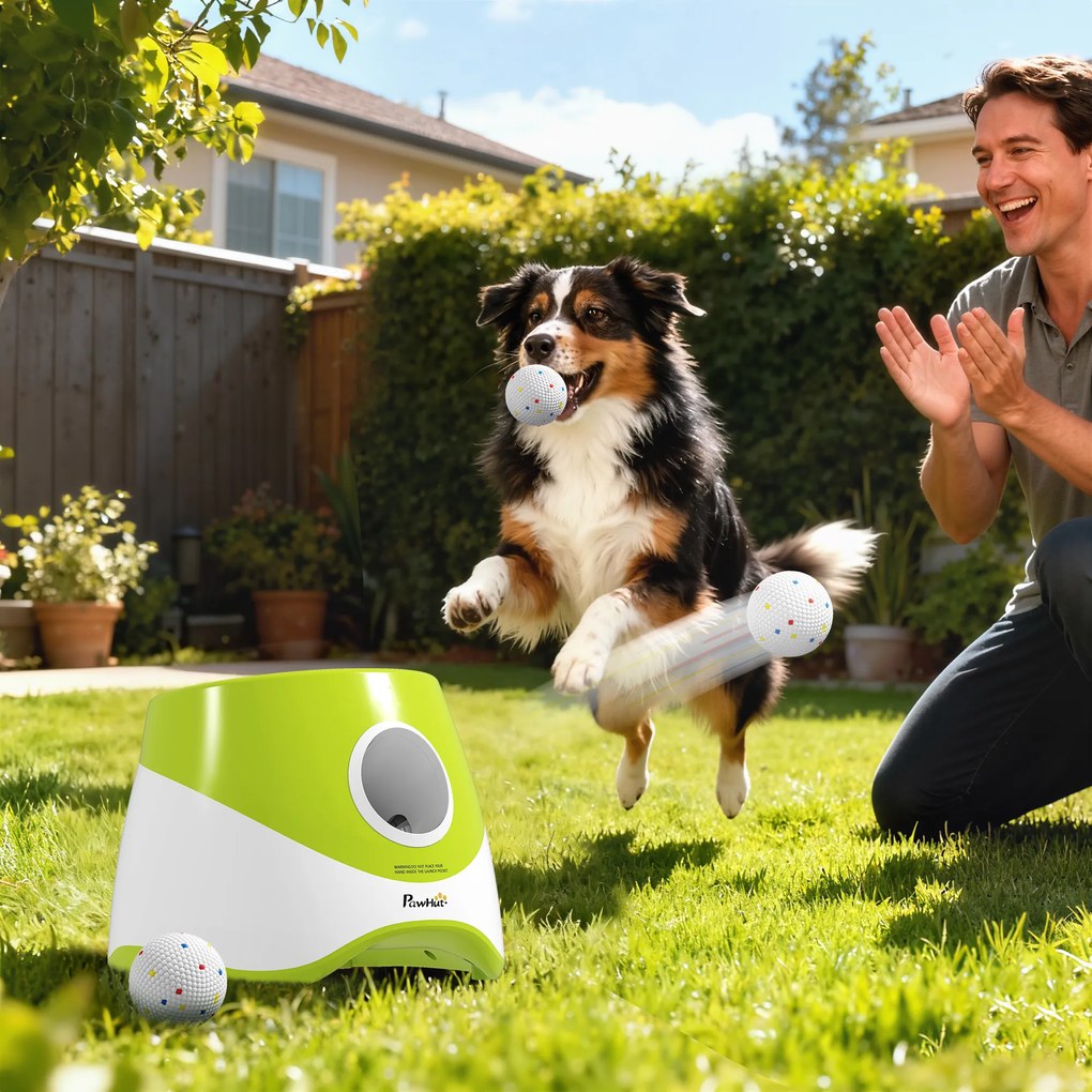 PawHut Automatyczny wyrzutnik piłek, interaktywna maszyna do rzucania z 3 piłkami, 3 odległości 6 m/10 m/14 m, dla psów małych i średnich, zielony | Aosom PL