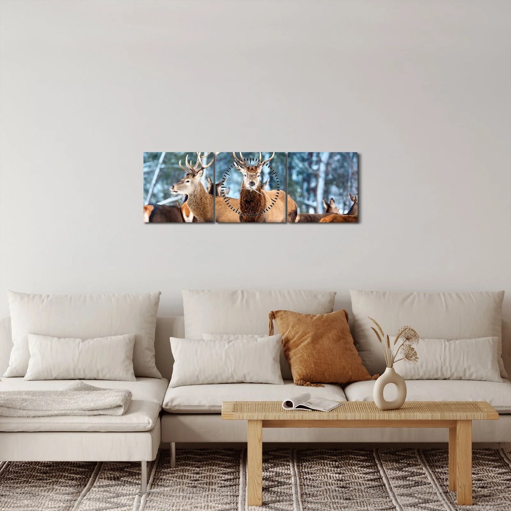 Obraz - Stado jeleni (z zegarem) (90x30 cm)