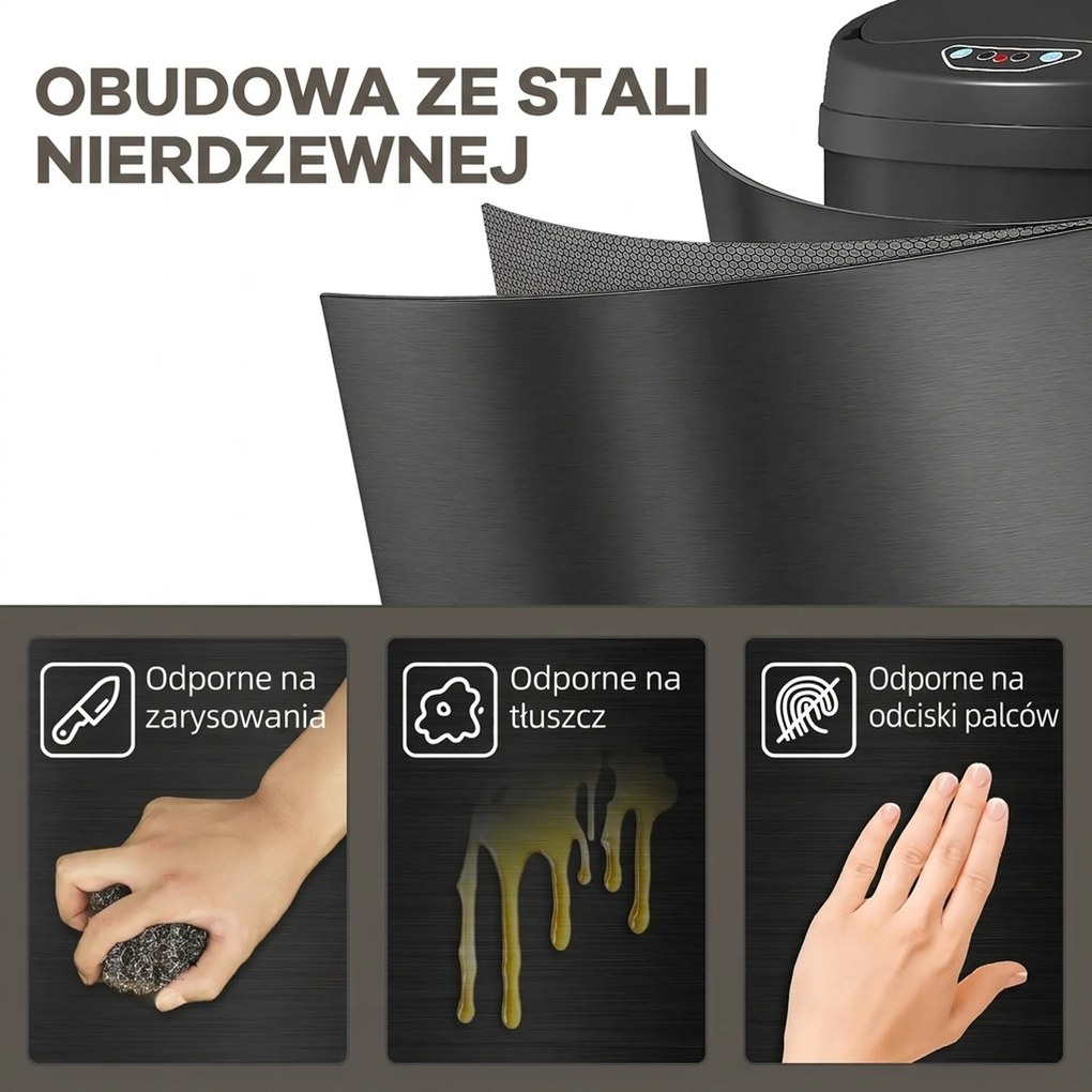 HOMCOM kosz na śmieci 30l bezdotykowy stal nierdzewna z czujnikiem do kuchni pokrywa soft close wygoda | Aosom PL