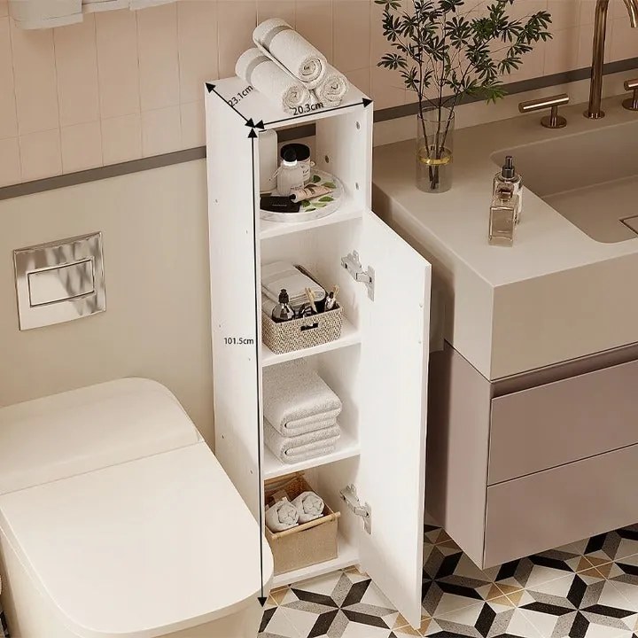 Szafka łazienkowa słupek wąski biały drzwi wysoki półki nowoczesna 101 cm