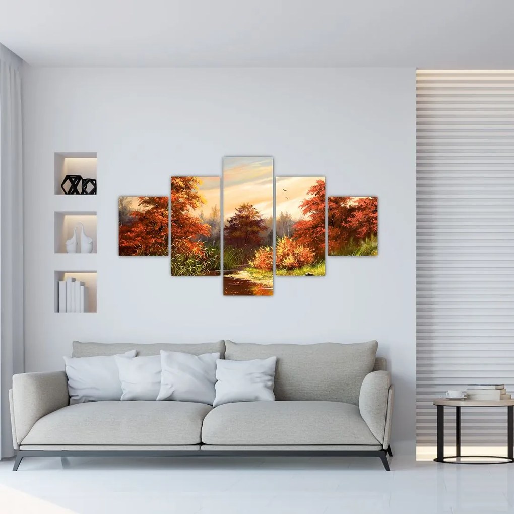 Obraz rzeki w jesiennym krajobrazie, obraz olejny (125x70 cm)