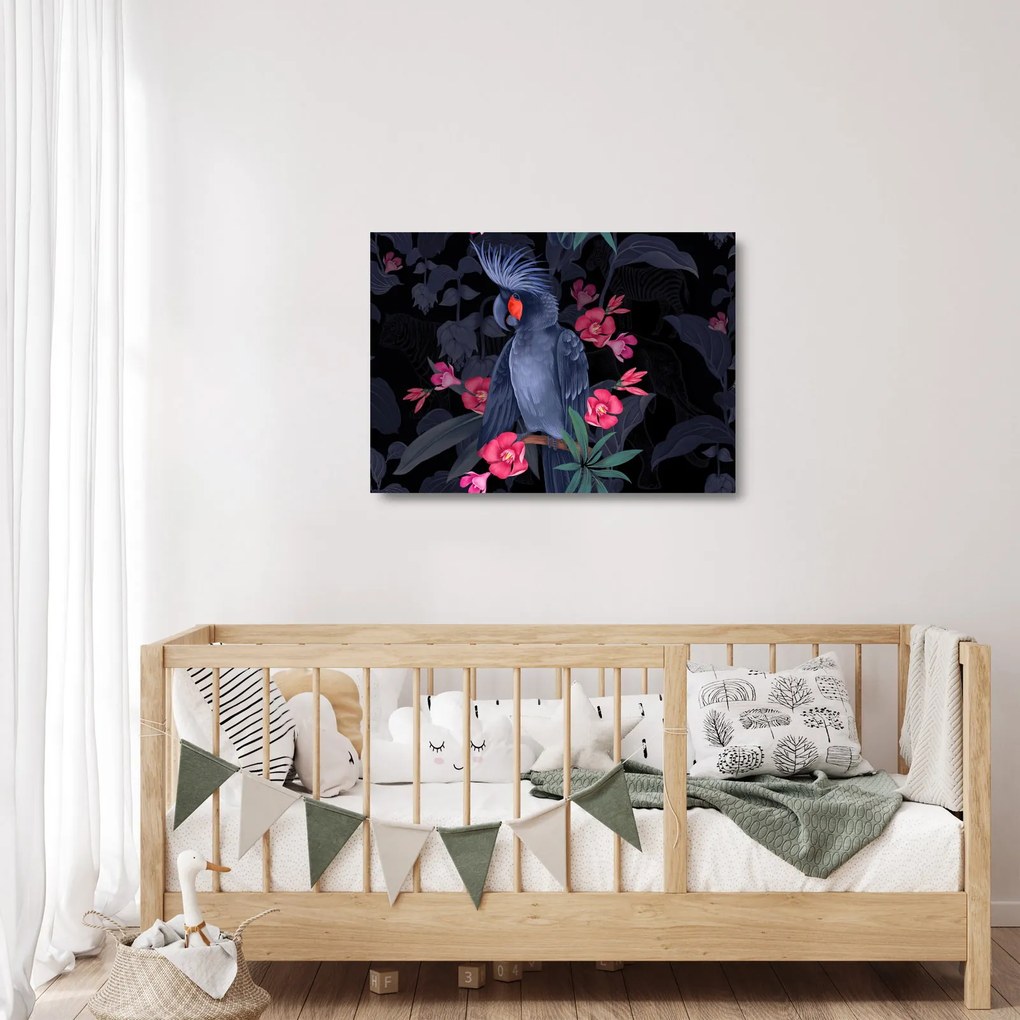 Obraz na szkle - Papuga wśród kwiatów (70x50 cm)