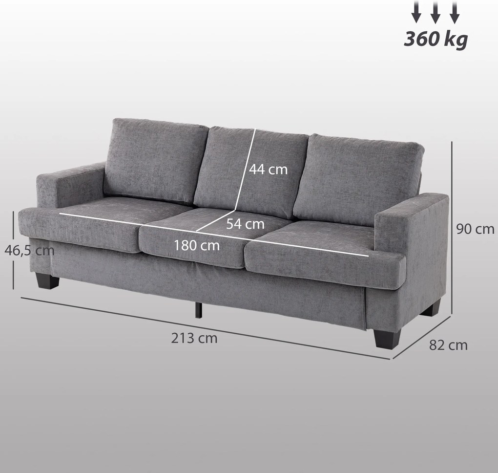 HOMCOM 3-osobowa sofa, sofa do salonu dla 3 osób, pokrycie z tkaniny, stalowa rama, tapicerowana sofa, Szary