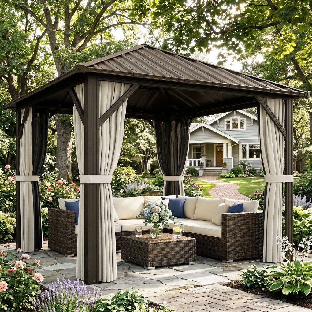 Outsunny Pawilon ogrodowy ok. 3 x 3 m aluminiowy z twardym dachem, moskitierą i 4 ścianami bocznymi, UPF50+ | Aosom PL