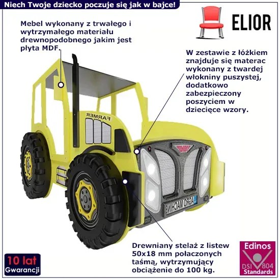 Żółte łóżko traktor dla dziecka z materacem - Vivus 90x180 cm
