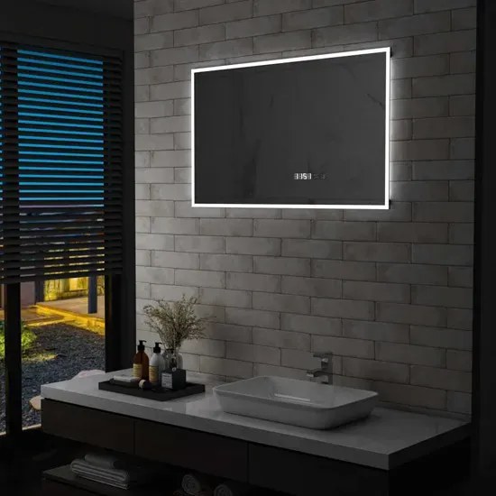 Nowoczesne srebrne lustro z zegarem LED 100x60 cm E3-A14