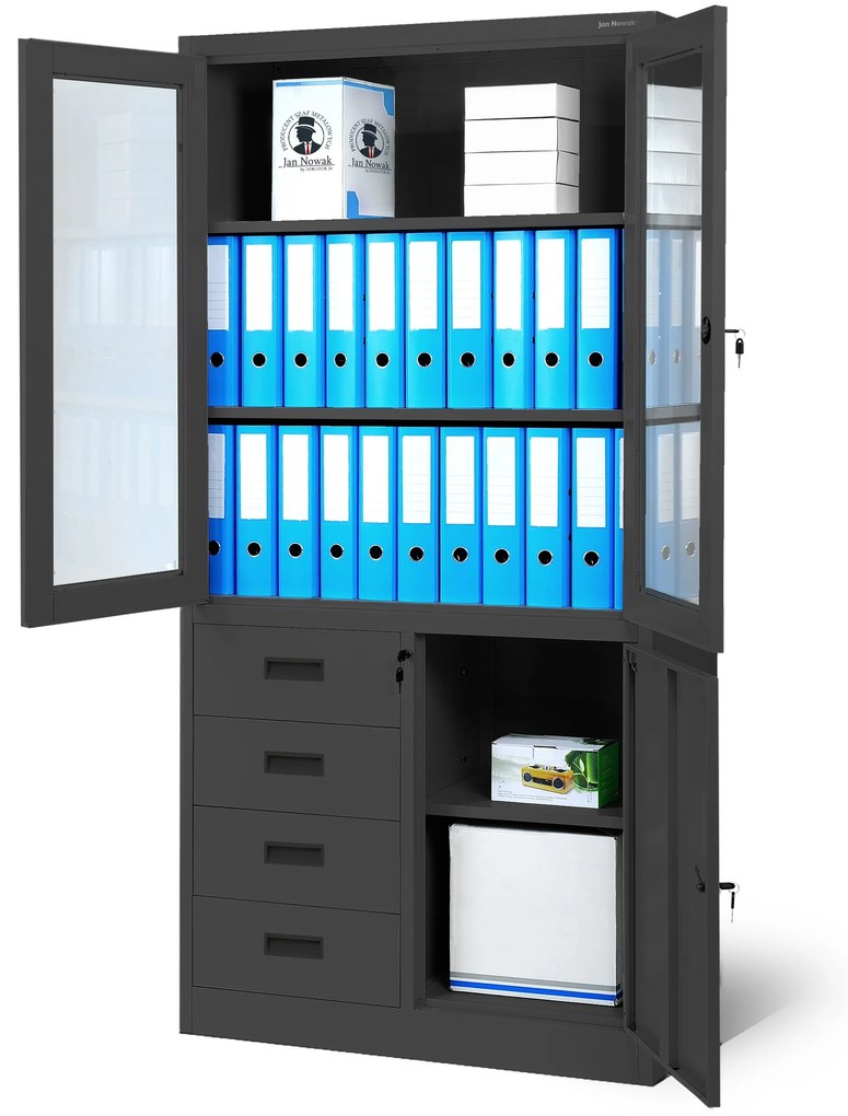 Szafa biurowa przeszklona na akta z 4 szufladami antracytowa, 900x1850x400 mm: WIOLA