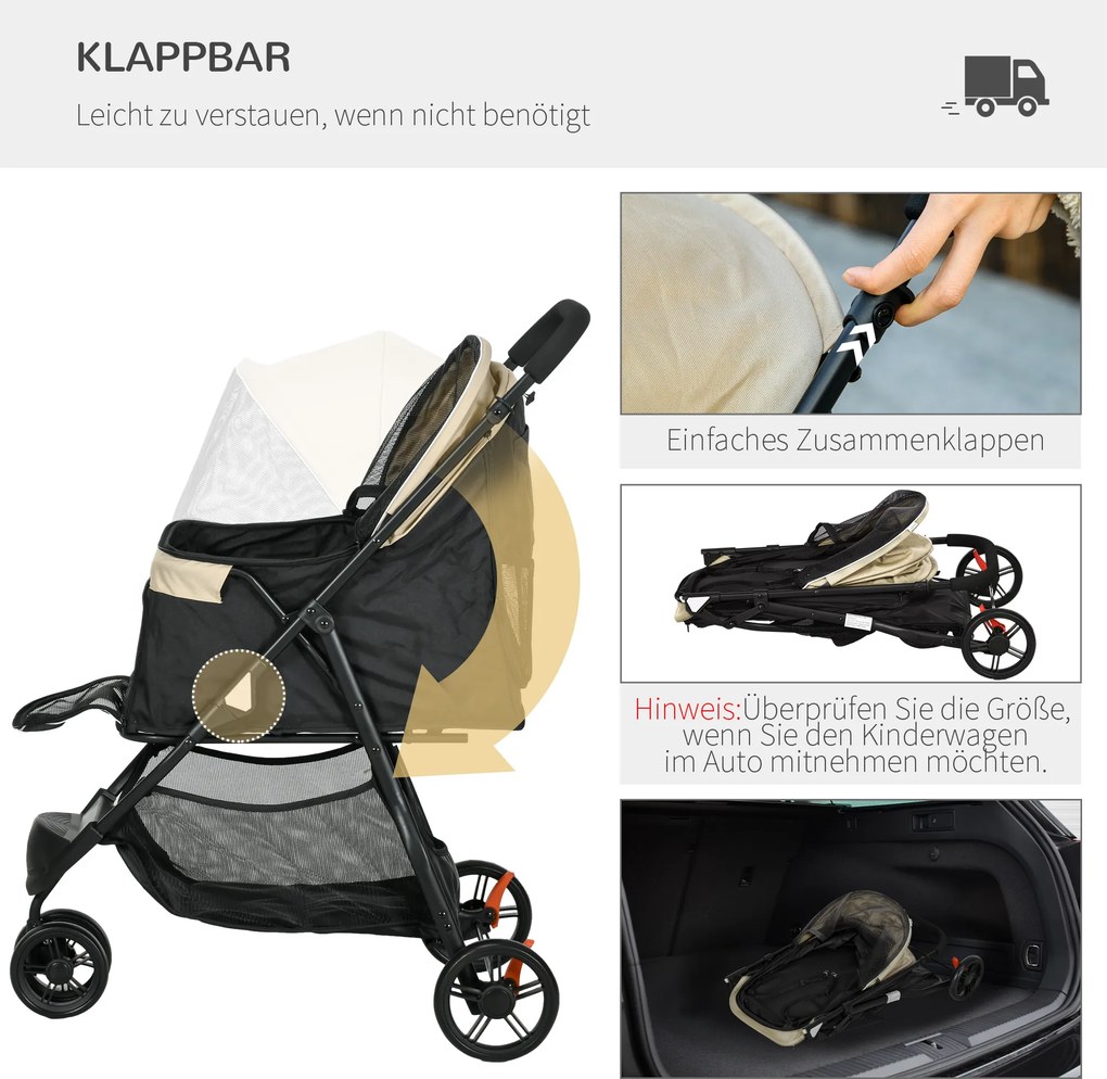 PawHut Składany wózek dla zwierząt, z ochraniaczem przeciwdeszczowym, 2 uchwyty na napoje, Niebieski + Khaki