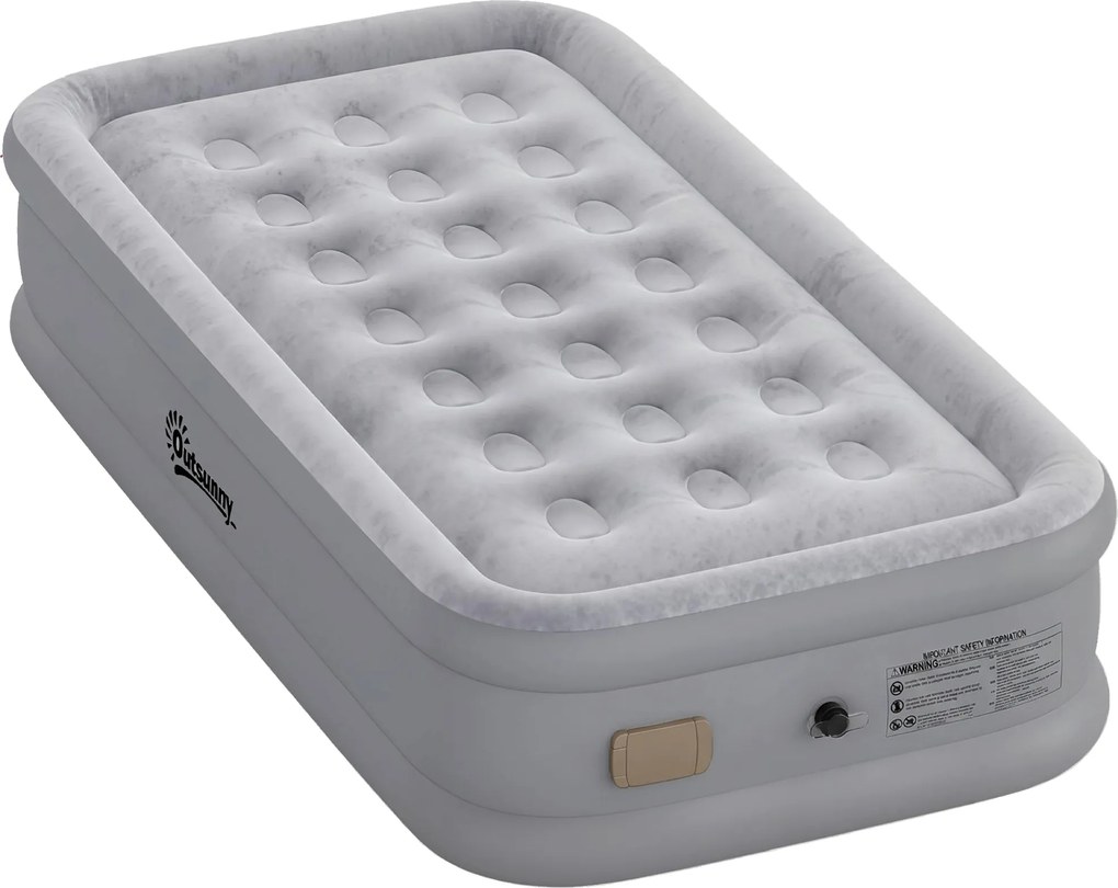 Outsunny Materac Dmuchany 1-osobowy Samopompujący Łóżko z Wbudowaną Elektryczną Pompką w 3 Minuty Flokowana Powierzchnia | Aosom PL
