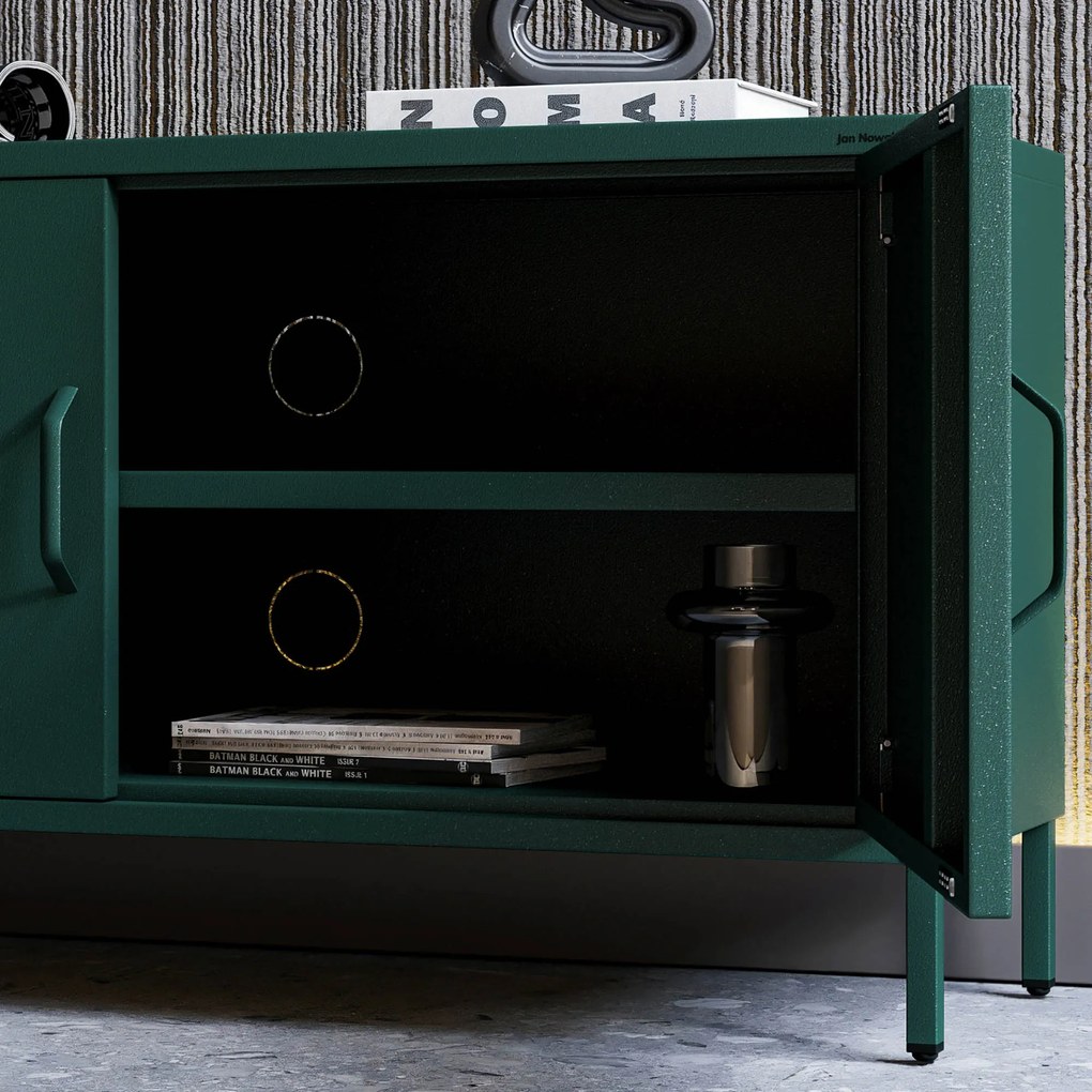Szafka RTV metalowa na nóżkach butelkowa zieleń Modern ROSA, 1150 x 595 x 400 mm