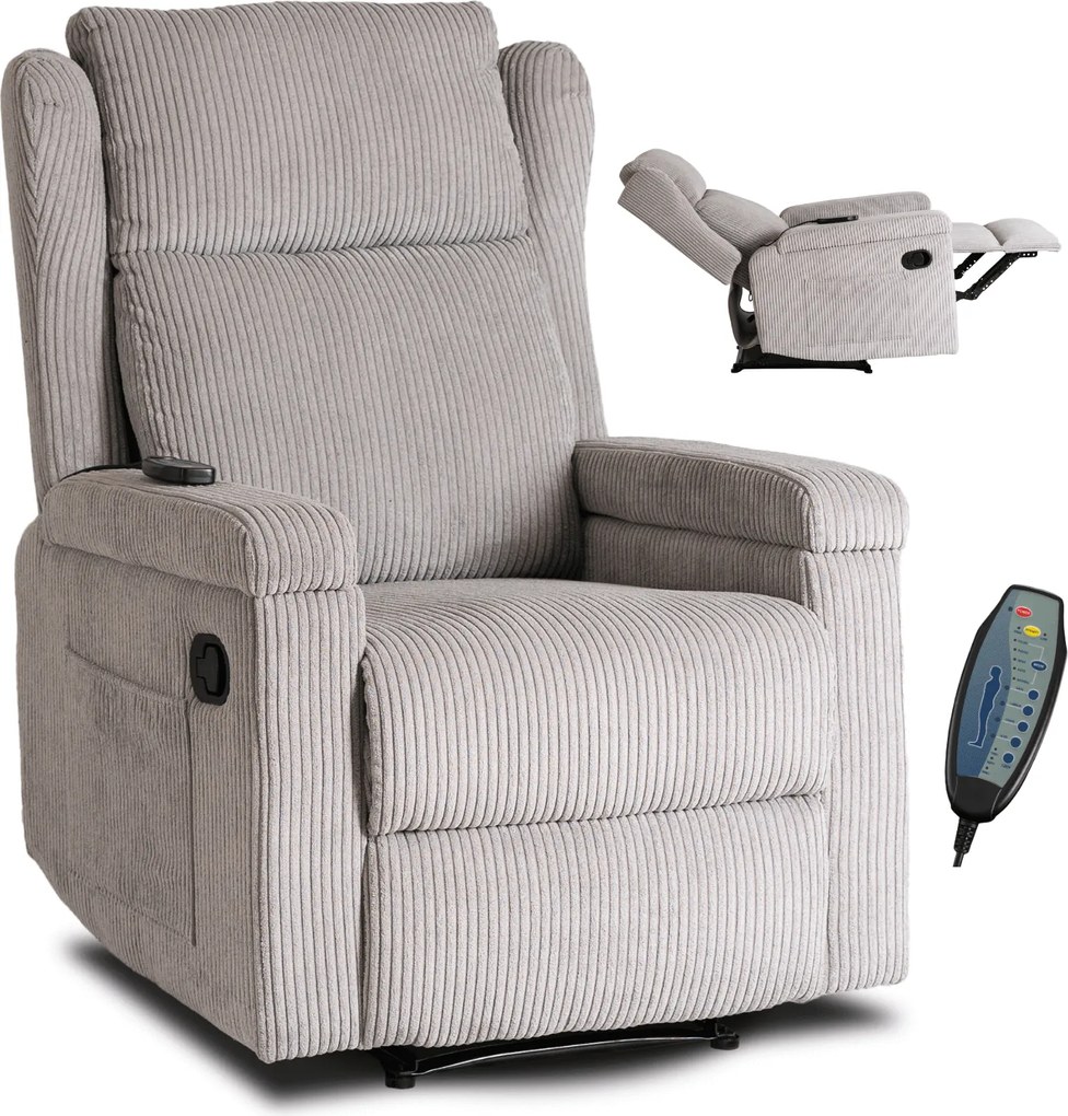 Fotel Masujący SEBASTIAN Rozkładany Wypoczynkowy z Podnóżkiem Szary Sztruksowy Nowoczesny